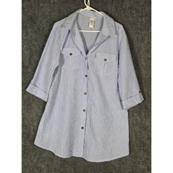 Dotti Tops - Dotti Blue White Striped Seersucker Button Down Tunic Shirt Roll Tab Sleeve Sz L